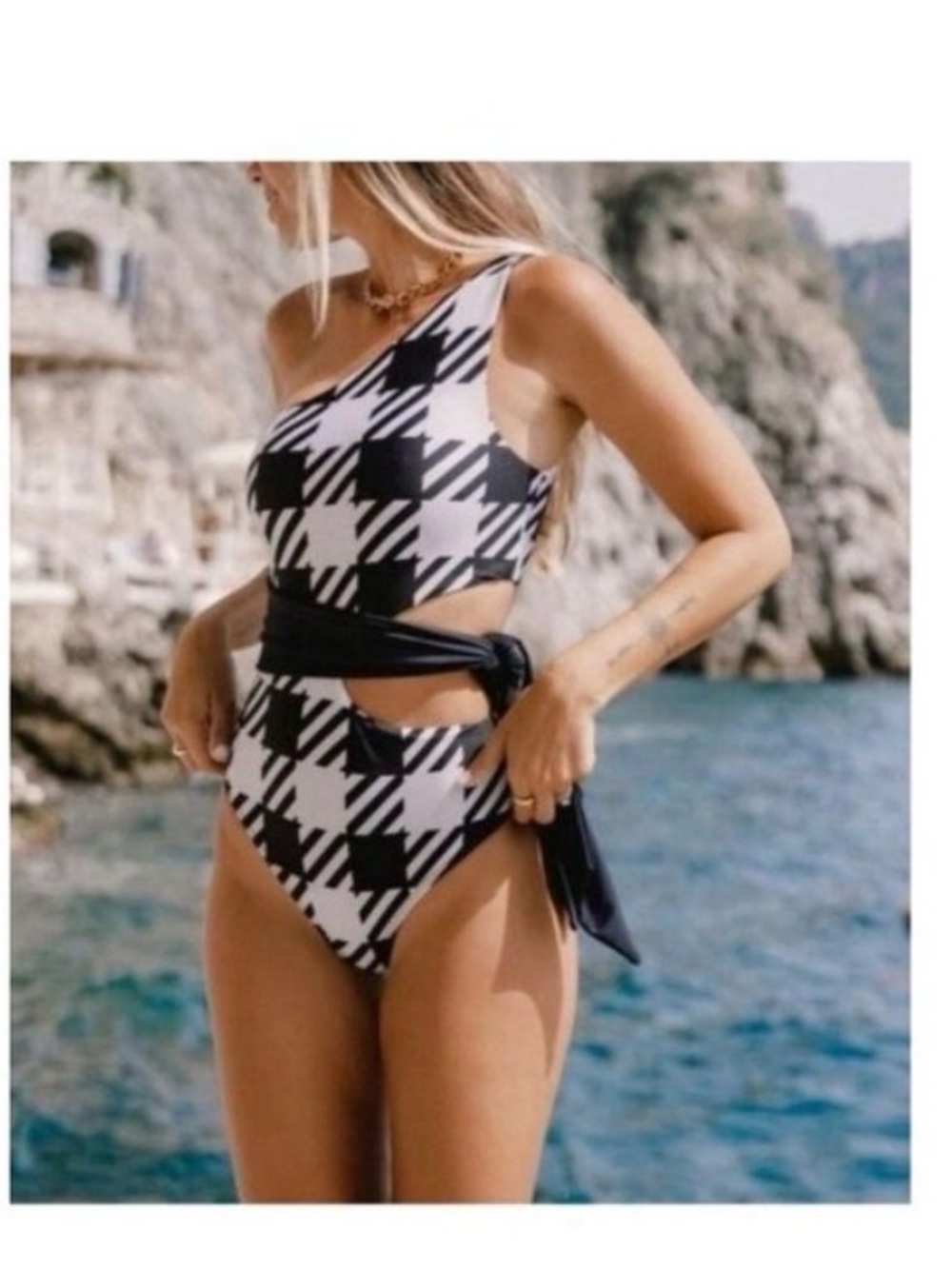 One-Shoulder Black & White Houndstooth One-Piece Swimsuit